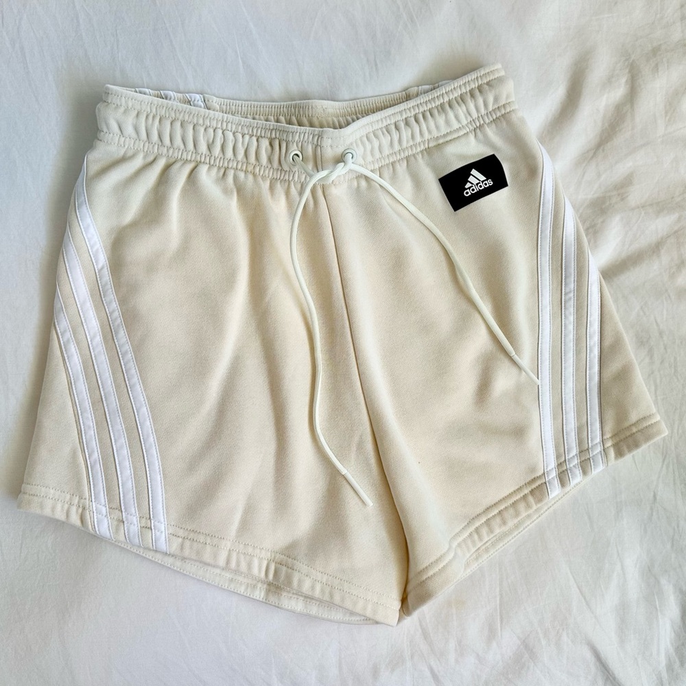 Adidas Cream Athletic Shorts with Signature Stripes